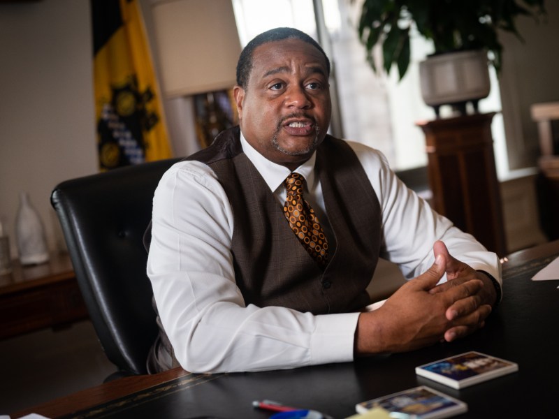 City of Pittsburgh Mayor Ed Gainey at his desk in his City-County Building offices in downtown Pittsburgh. (Photo by Stephanie Strasburg/PublicSource)