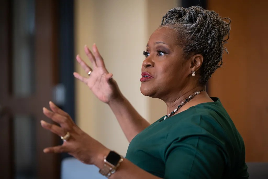 Carlow University President Kathy Humphrey speaks during at interview at the school on Friday, Oct. 28, 2022, in Oakland. (Photo by Stephanie Strasburg/PublicSource)