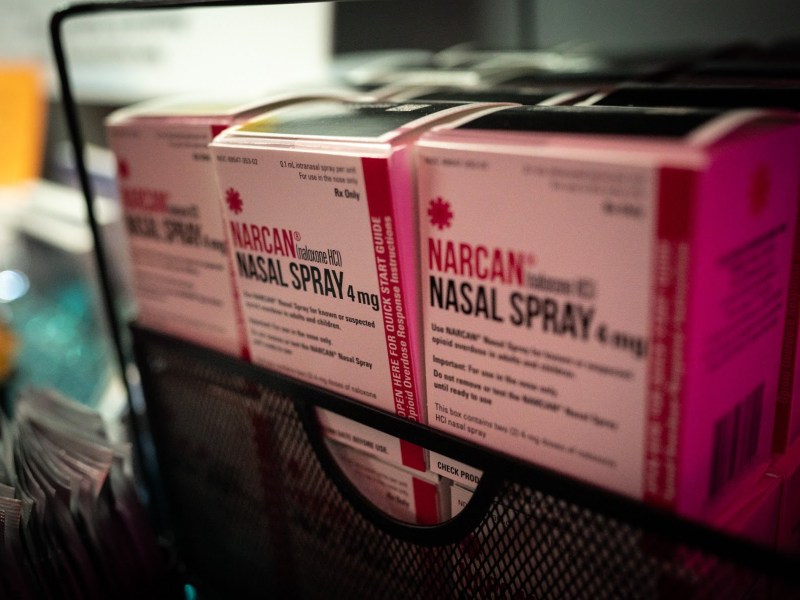 KMFK Safety Services array of harm reduction materials includes Narcan nasal spray, as photographed at a rave on Saturday, March 4, 2023, in the Pittsburgh area. (Photo by Stephanie Strasburg/PublicSource)