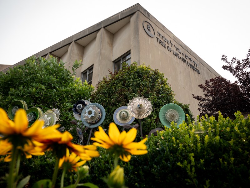 A freshly placed pot of flowers sits below the 11 glass flowers honoring the lives lost in the 2018 Tree of Life synagogue shooting, as pictured on Wednesday, August 2, 2023, in Squirrel Hill. In 2018, the place of worship was the site of the most fatal antisemitic attack in the nation. The Holocaust Center of Pittsburgh, currently located at Chatham University, will be housed in the new Tree of Life building, which does not yet have an opening date. The space will provide a central location for worship, healing and education. (Photo by Stephanie Strasburg/PublicSource)