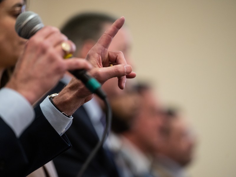 Allegheny County executive candidate Dave Fawcett gestures during a debate hosted by PublicSource and NEXTpittsburgh brought on Tuesday, April 18, 2023, at Point Park University in downtown Pittsburgh. (Photo by Stephanie Strasburg/PublicSource)