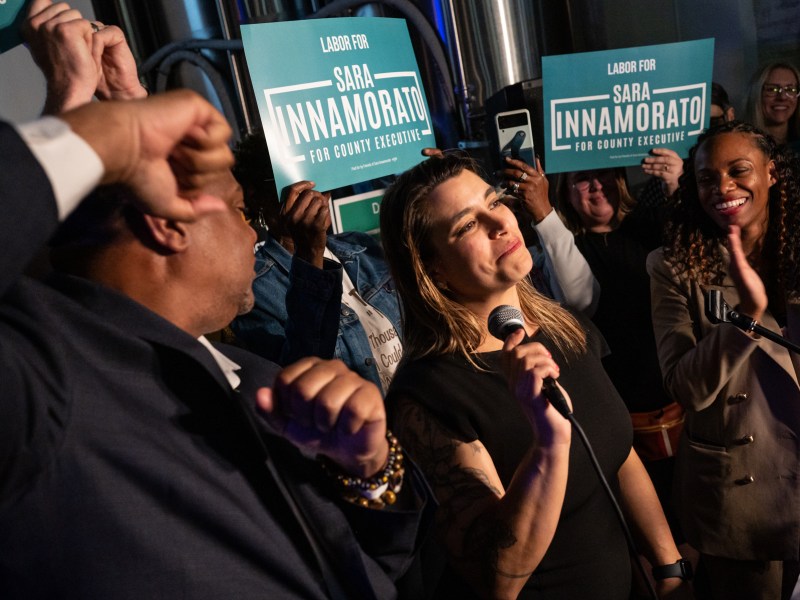 Sara Innamorato, a state representative running for Allegheny County executive, speaks at her election night party after winning the Democratic nomination on Tuesday, May 16, 2023, at Trace Brewing in Bloomfield. Innamorato was up against five other Democrats for the party’s nomination for Allegheny County executive. (Photo by Stephanie Strasburg/PublicSource)