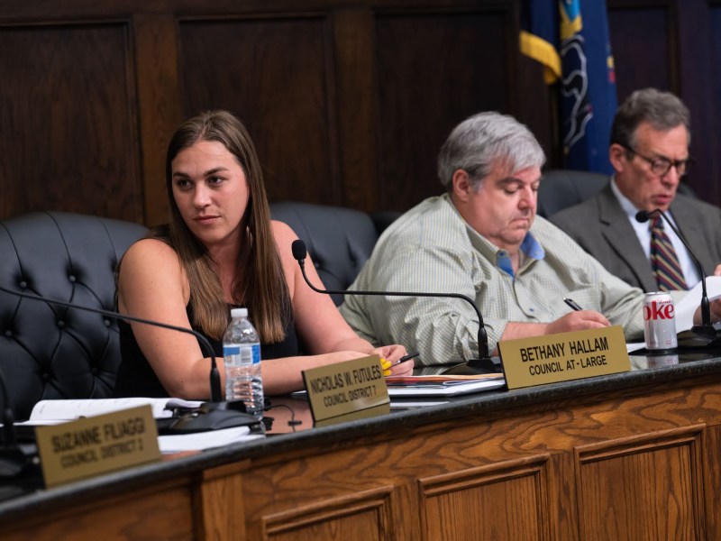 From left, Bethany Hallam, county councilwoman at-large, Patrick Catena, president of Allegheny County Council, and Paul Klein, councilman for District 11, photographed on June 6, 2023, at the Allegheny County Courthouse, Downtown. (Photo by Stephanie Strasburg/PublicSource)