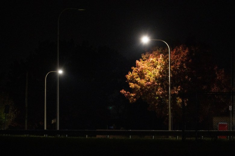 Street lights illuminate a tree outside of Shuman Detention Center on Sunday, Nov. 5, 2023, in Lincoln-Lemington-Belmar.