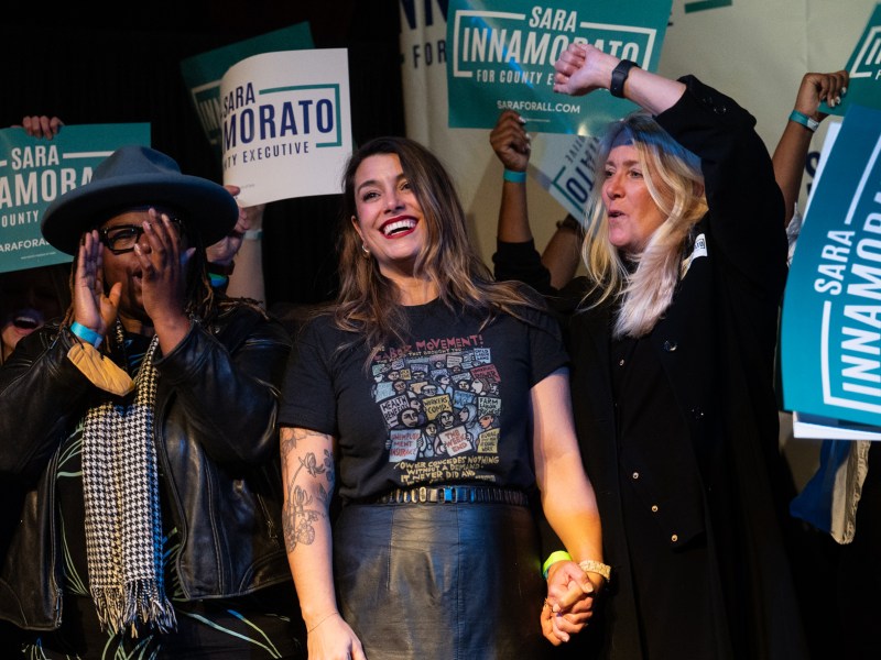 Democrat Sara Inamorato takes the stage at her victory party on Nov. 7, 2023 after winning the race for Allegheny county executive. (Photo by Stephanie Strasburg/PublicSource)