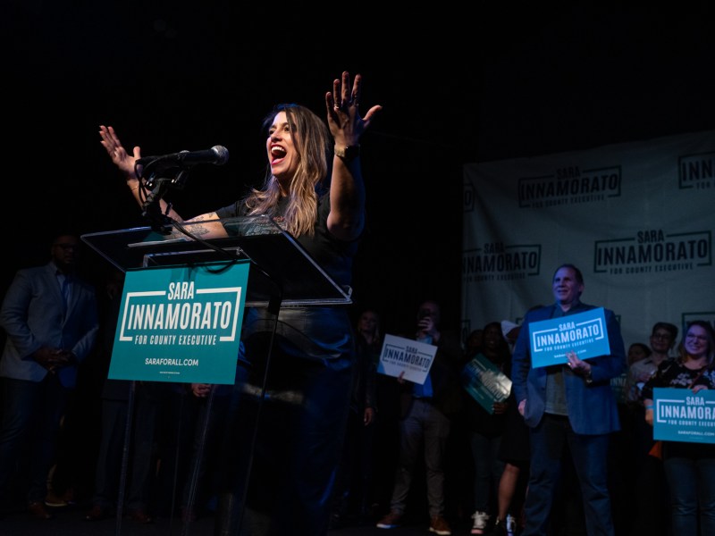 Sara Innamorato, incoming Allegheny County executive, gives her acceptance speech on Nov. 7 at Mr. Smalls in Millvale. (Photo by Stephanie Strasburg/PublicSource)