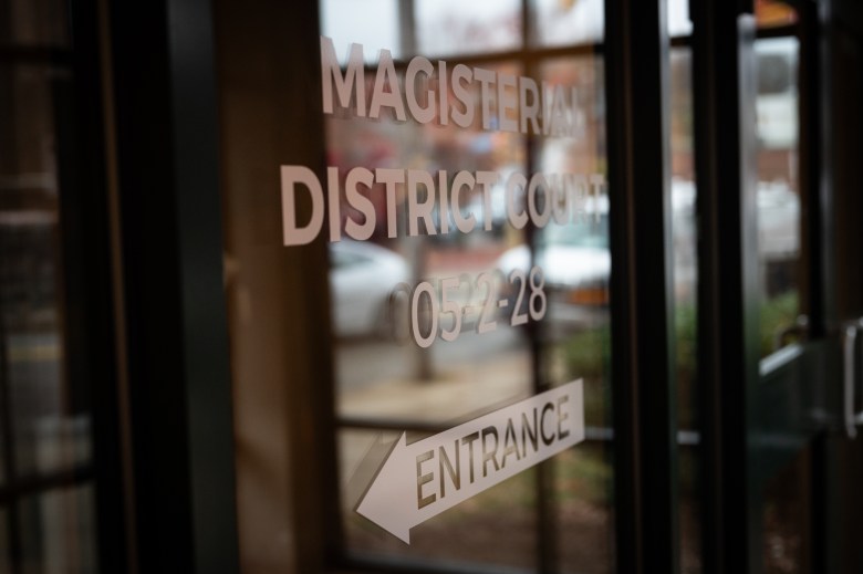 A sign for District Judge Oscar Petite’s courtroom, Wednesday, Nov. 22, 2023, in the Hill District. (Photo by Stephanie Strasburg/PublicSource)