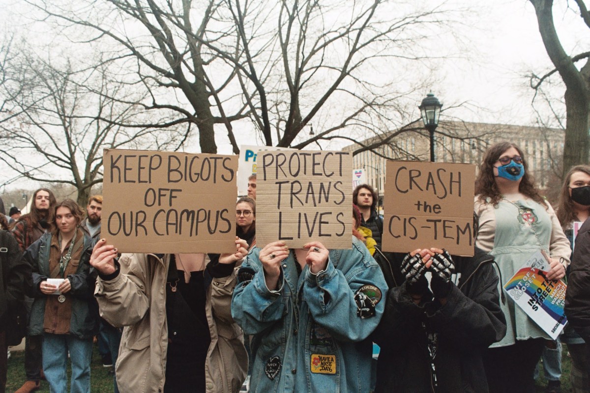 Students protest against Cabot Phillips outside of the Cathedral of Learning in the University of Pittsburgh on March 24, 2023. The event was one of several that preceded activist attempts to speak out during the Sept. 29, 2023 meeting of the university Board of Trustees. (Photo by Amaya Lobato Rivas/PublicSource)