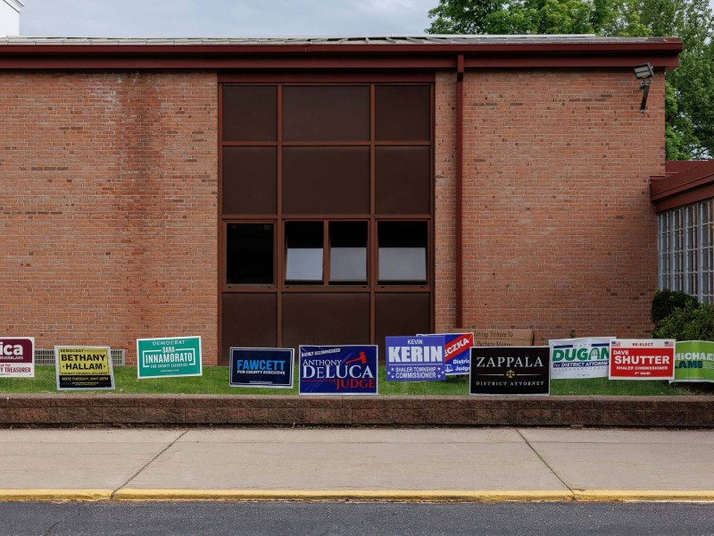 Campaign signs line the entrance to a polling location at Burchfield Primary School in Allison Park on Tuesday, May 16, 2023. (Photo by Quinn Glabicki/PublicSource)