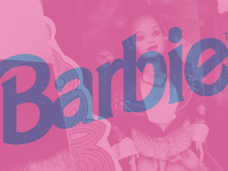 Pink background, Italian Barbie in the background, 1990s Barbie logo in blue on top.