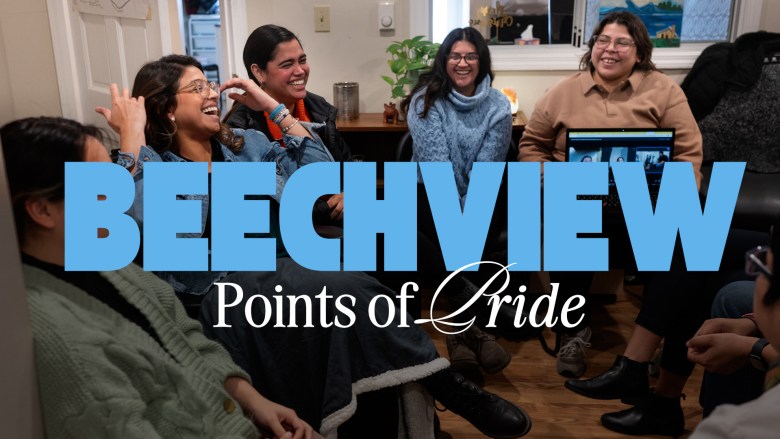 Beechview points of pride title over a photo of a group of people laughing.