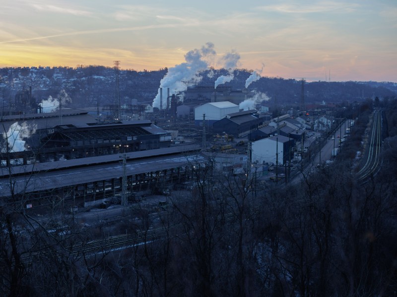 Along the Monongahela River, Braddock Avenue runs between train tracks and U.S. Steel’s Edgar Thomson Works, which occupies parts of Braddock, North Braddock, East Pittsburgh and North Versailles. (Photo by Quinn Glabicki/Publicsource)