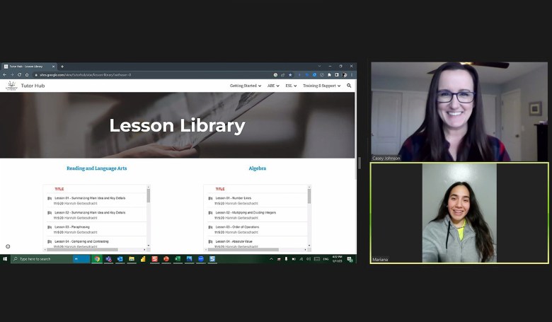 A screenshot of Casey Johnson (top right) and Mariana Velasquez Troncoso (bottom right) participating in a virtual lesson via zoom.