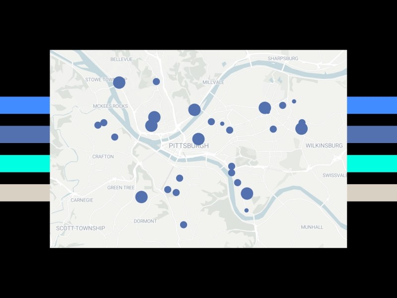 A map of pittsburgh on a blue background that shows where covid relief money went.