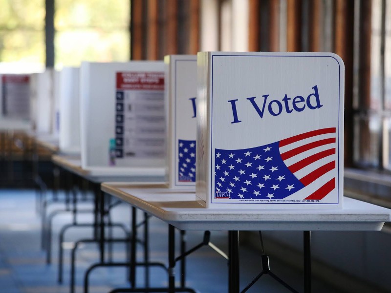 Privacy booths where voters will fill out their ballots, photographed at an election office located at the South Park Ice Rink. (Photo by Ryan Loew/PublicSource)