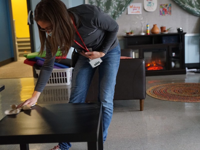 Kathryn Robinson, a behavioral health school educator at Bellevue Elementary School, prepares her "chill room" for a lesson. (Photo by Oliver Morrison/PublicSource)