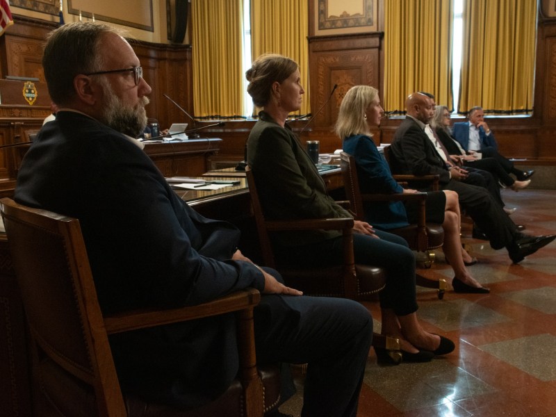 Pittsburgh City Council members (from left) Bobby Wilson, Barb Warwick, Erika Strassburger, Daniel Lavelle, Deb Gross and Anthony Coghill pass legislation protecting gender-affirming care in the city during a meeting in the City-County Building on September 12, 2023. (Photo by Amaya Lobato Rivas/PublicSource)