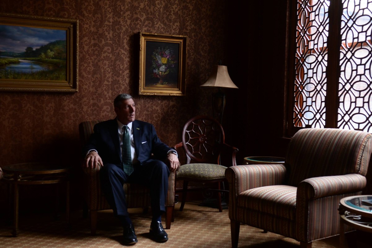 Chris Brussalis, president of Point Park University, sits for a photo.