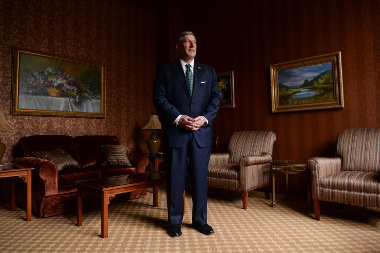 Chris Brussalis, Point Park University president, stands for a portrait.