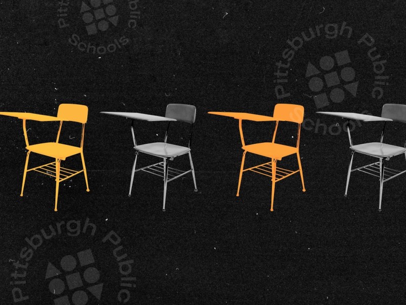 Four school chairs, two in color and two in black-and-white, in a row on a black background.