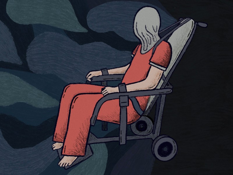 An illustration of a person in a red uniform with a spit hood covering their face and head. They are strapped into a gray chair by their shoulders and ankles. The background is black with dark blue abstract clouds.