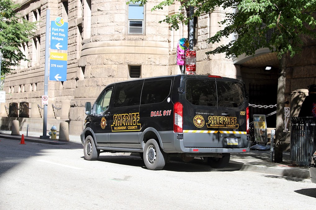 An Allegheny County Sheriff's Office van parked near the agency's headquarters at the Allegheny County Courthouse. (Photo by Jay Manning/PublicSource)