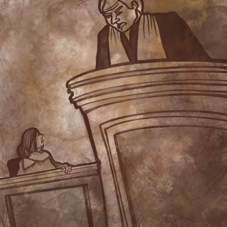 Illustration of a judge looking down a person on a witness stand.