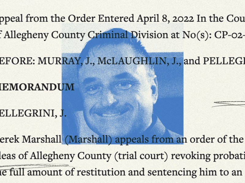 blue photo illustration photo of ed maritz superimposed over court record.