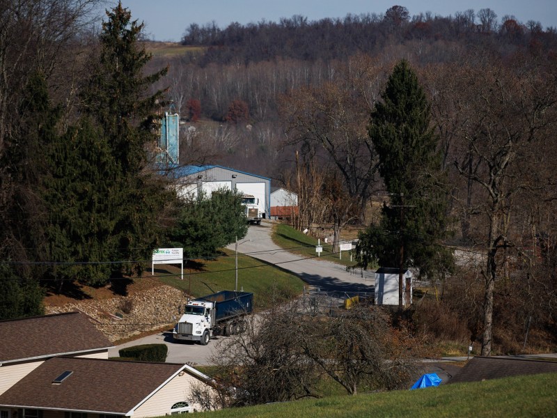 A truck leaves the MAX Environmental facility in Yukon, Pennsylvania on Wednesday, Nov. 15, 2023.