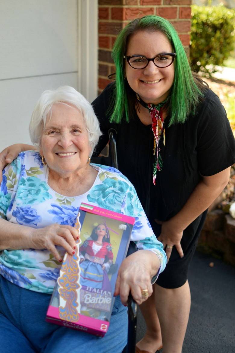 The author, Melanie Linn Gutowski, and her grandmother, Antonetta Conforto Kovacic, with a 1993 Italian Barbie. (Photo by Ginna Keteles Bartlett)