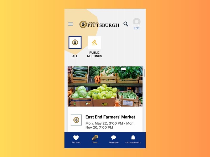 The My Pittsburgh app, displaying an event listing for the East End Farmers' Market. (Screenshot)