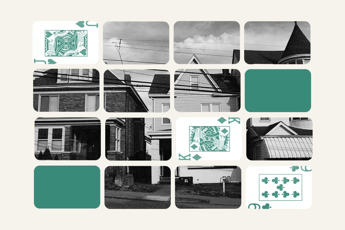 photo illustration of houses in the background and then house of cards playing cards in different square grids