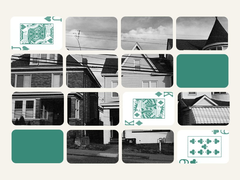 photo illustration of houses in the background and then house of cards playing cards in different square grids