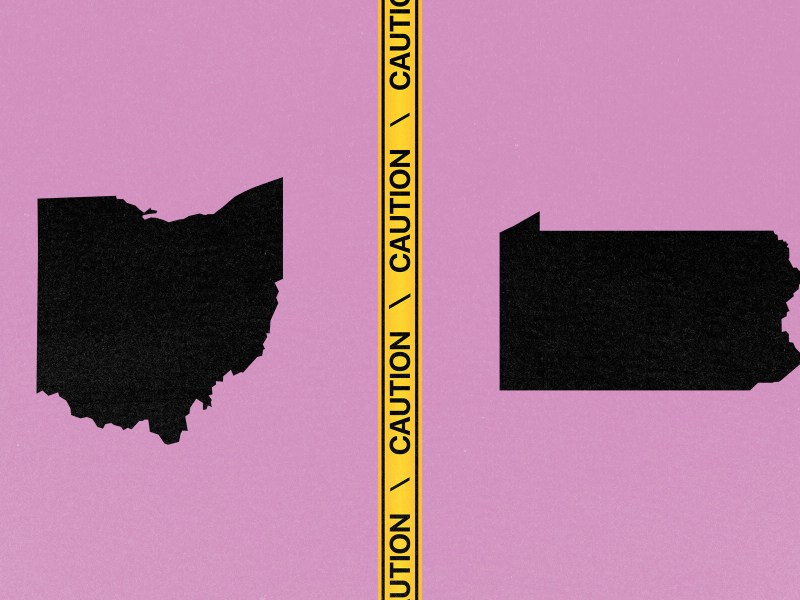 a photo illustration with pink background, icon of ohio on left and pennsylvania on right with yellow caution tape down the middle.