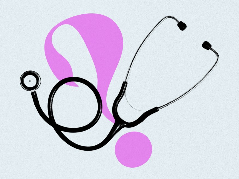 Photo illustration of a stethoscope and a pink question mark.