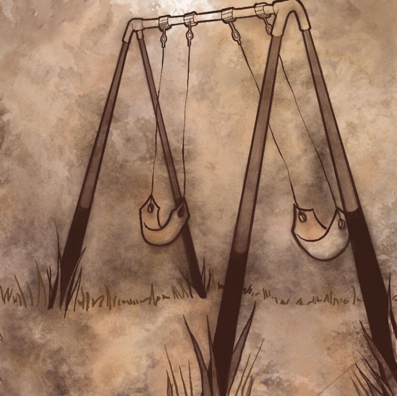 A drawing of two empty swings in the grass.