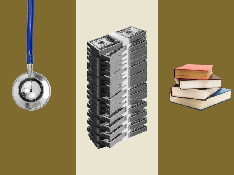 A photo illustration that depicts a stethoscope, a stack of money and a stack of books.