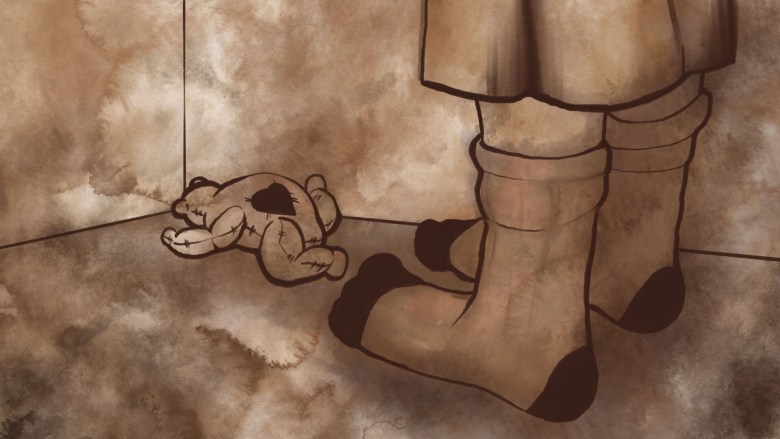 A drawing of a person standing next to a teddy bear in an empty room. Sepia coloring.