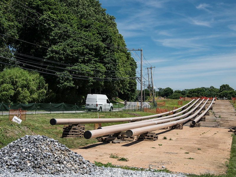 Pipes lay ready in Chester County, set to become part of the Mariner East 2 pipeline. (Photo by Teake Zuidema/PublicSource)