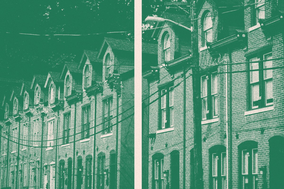 A line divides three row houses on the right from eight row houses on the right. (Photo illustration by Natasha Vicens/PublicSource)