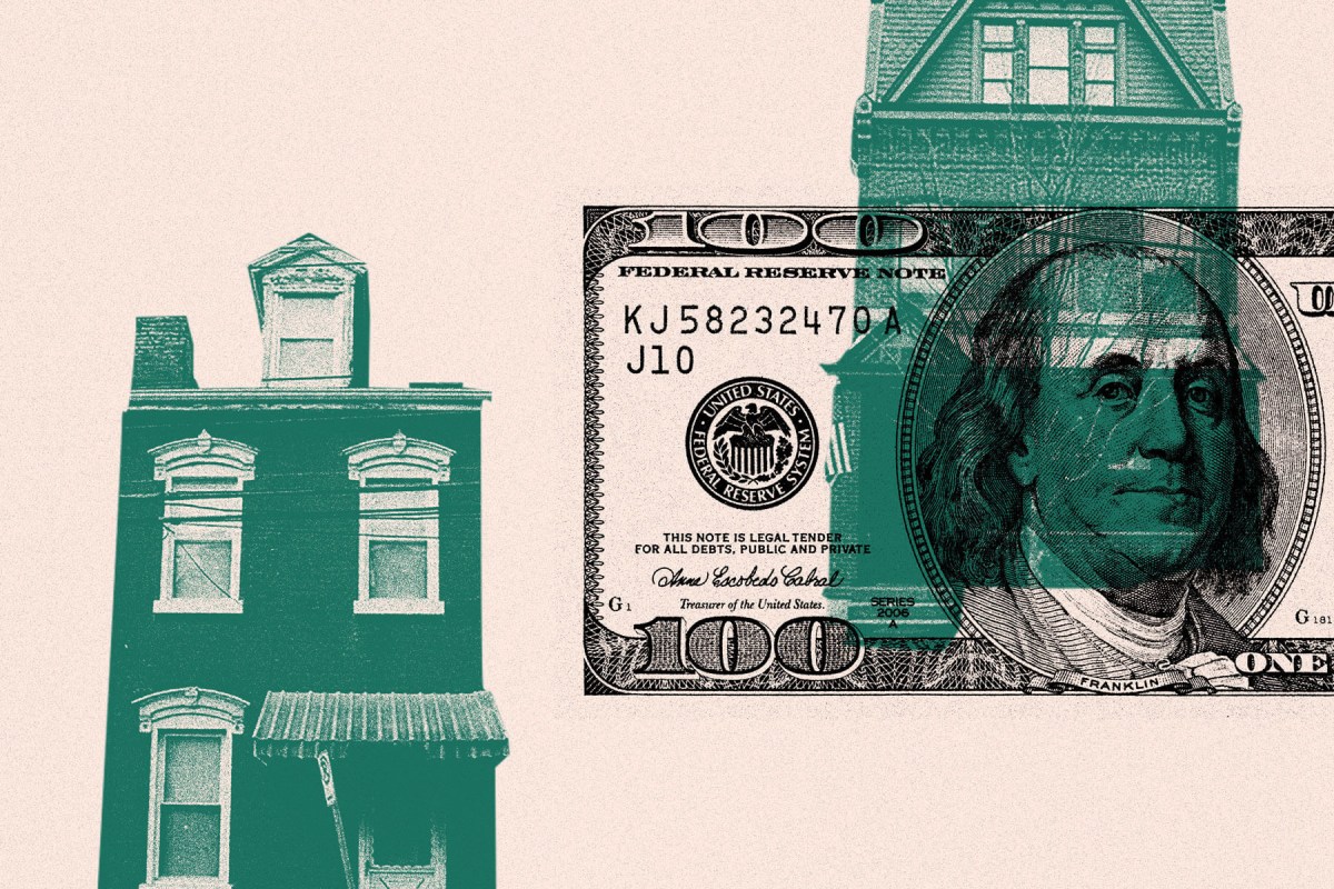 Two houses, one high and one low, and some U.S. currency. (Illustration by Natasha Vicens/PublicSource)