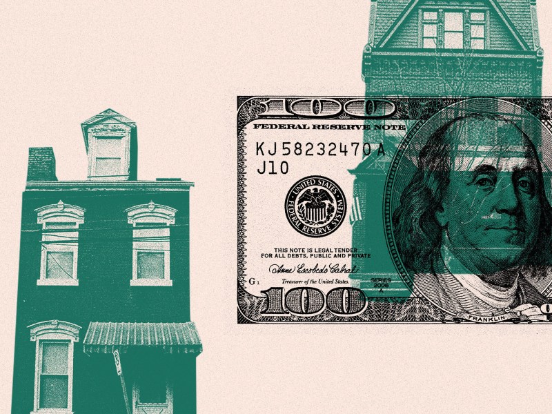 Two houses, one high and one low, and some U.S. currency. (Illustration by Natasha Vicens/PublicSource)