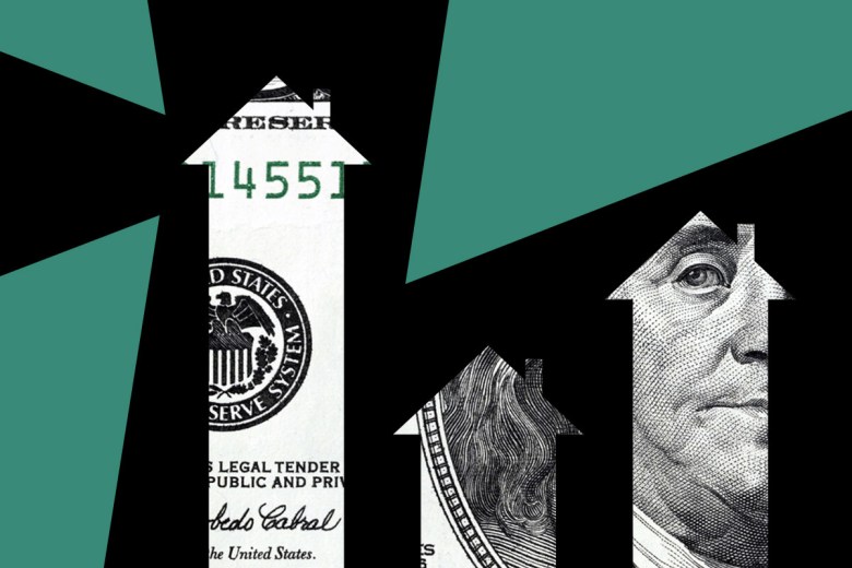 graphic of a one hundred dollar bill superimposed inside three houses of different heights with broken green pieces