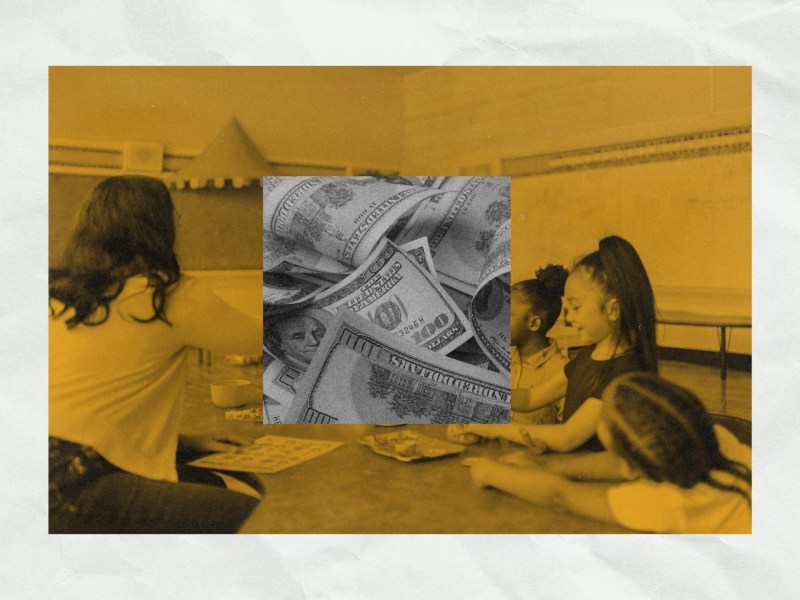 A teacher and students, with currency interposed. (Photo illustration by Natasha Vicens/PublicSource)