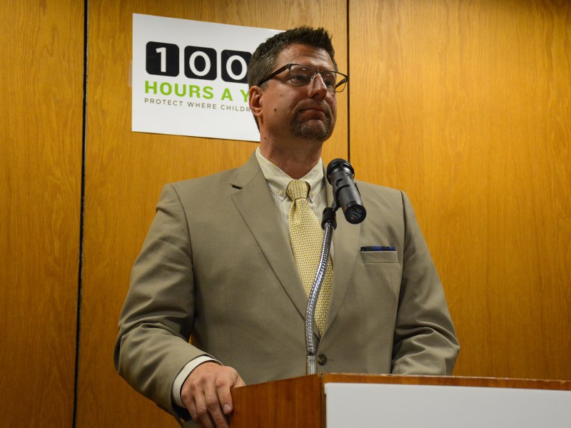 Allegheny Valley School District Superintendent Patrick Graczyk related his district’s story of lead testing at a press conference held Thursday at the YWCA in downtown Pittsburgh on Thursday, April 27. “Parents just want to know that their kids are safe,” Graczyk said. (Photo by Stephen Caruso/PublicSource)