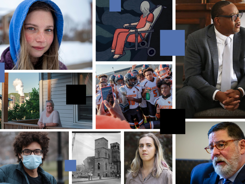 A collage of images shows faces of people included in several news stories from the past year.