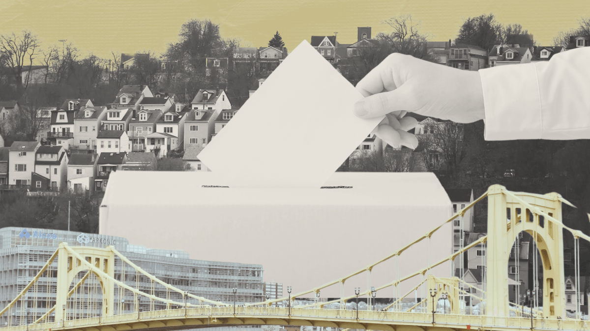 A photo illustration of a person holding a vote over a ballot box. The person is in front of a city and bridge.