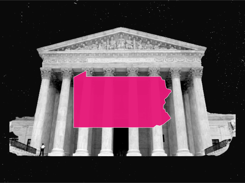 Photo of the supreme court and pink colored state of Pennsylvania icon.