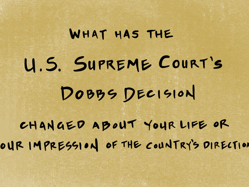 Text card with gold background, text reads What has the U.S. Supreme Court's Dobbs decision changed about your life or your impression of the country's direction?