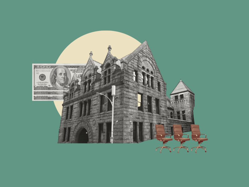 collage of government building with office chairs and money